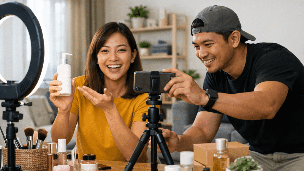 Shopee Affiliate Commission Rate in Malaysia showing two Malaysian creators recording affiliate product content together