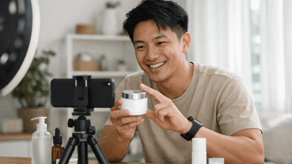 Shopee affiliate creator filming product content in a bright positive environment Malaysia