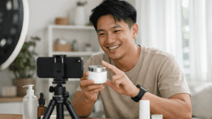 Shopee affiliate creator filming product content in a bright positive environment Malaysia