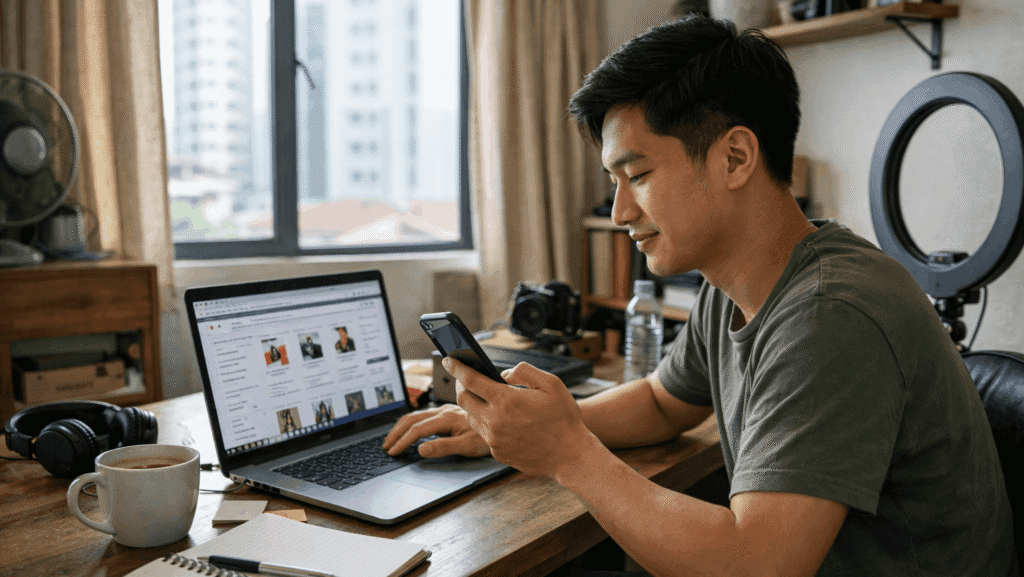Shopee Affiliate Program Requirements in a realistic Malaysia home workspace with a creator preparing affiliate content and account setup