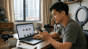 Shopee Affiliate Program Requirements: What You Need to Join 10 Shopee Affiliate Program Requirements in a realistic Malaysia home workspace with a creator preparing affiliate content and account setup