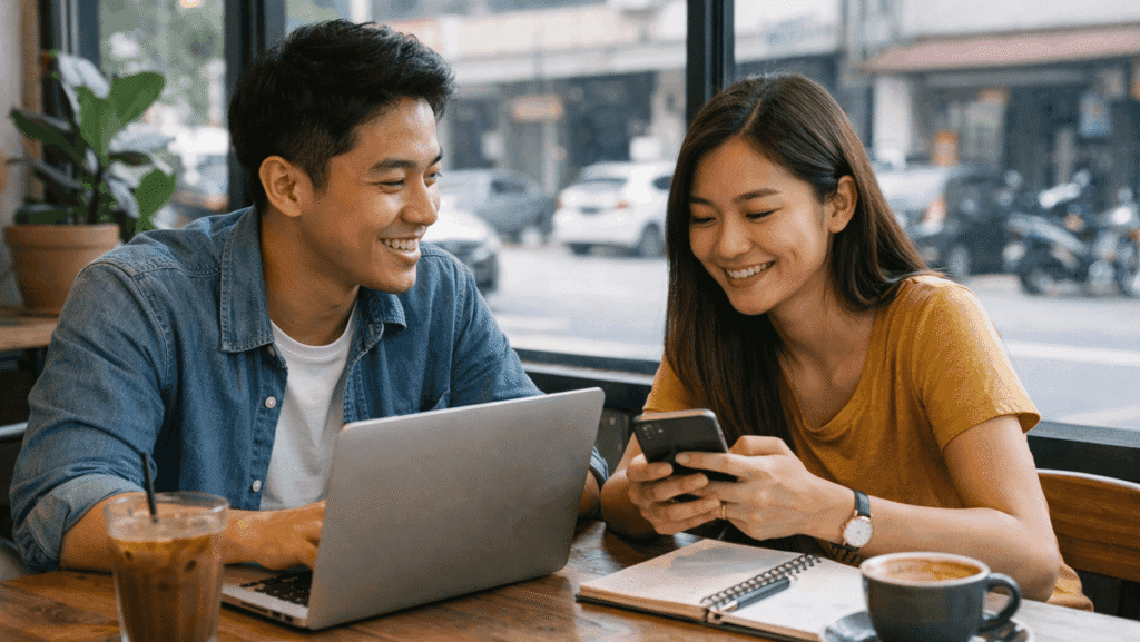 Best Affiliate Programs in Malaysiascene with Malaysian creators planning affiliate content together in a bright local cafe setting.