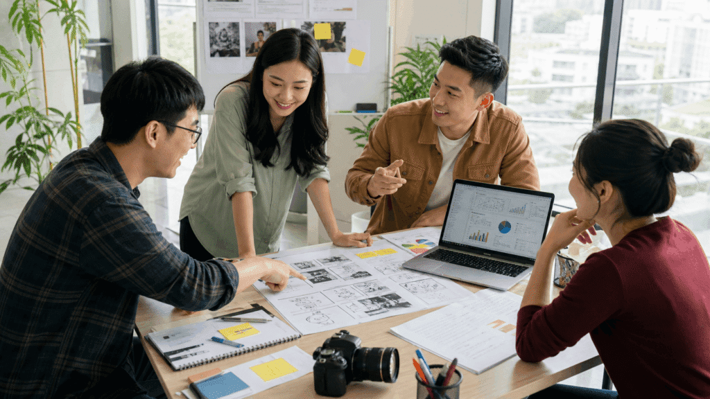 Content Creation Workflow discussion with a local Chinese creative team reviewing storyboards, scripts, and content performance data in a bright office