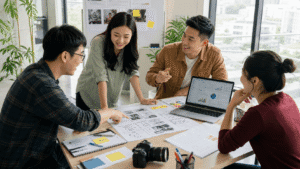 Miura Visual Blog & Insight 6 Content Creation Workflow discussion with a local Chinese creative team reviewing storyboards, scripts, and content performance data in a bright office