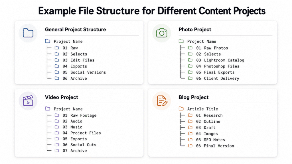 Content Creation Workflow infographic showing example file structures for general, photo, video, and blog content projects