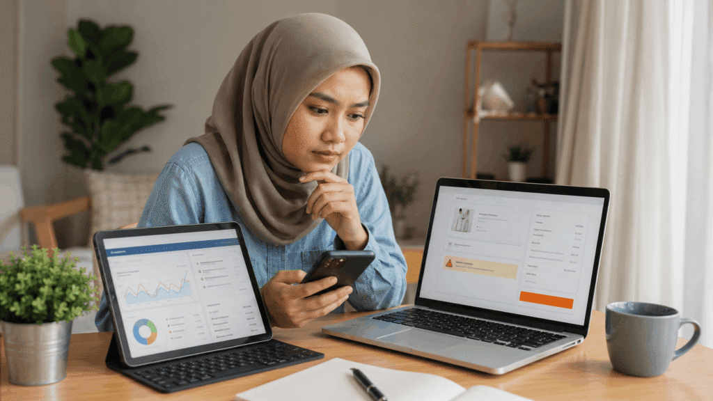 Malaysian creator checking whether she Can You Buy From Your Own Shopee Affiliate Link while reviewing a checkout page and affiliate dashboard on her devices.