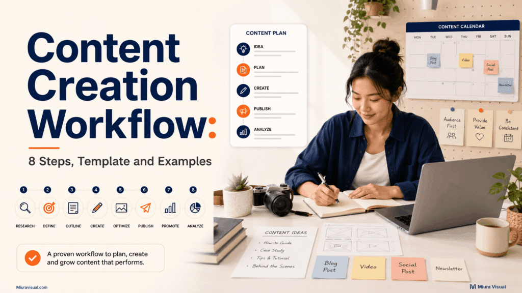 Malaysian Asian creator planning a content creation workflow with a laptop, camera, calendar, and notebook
