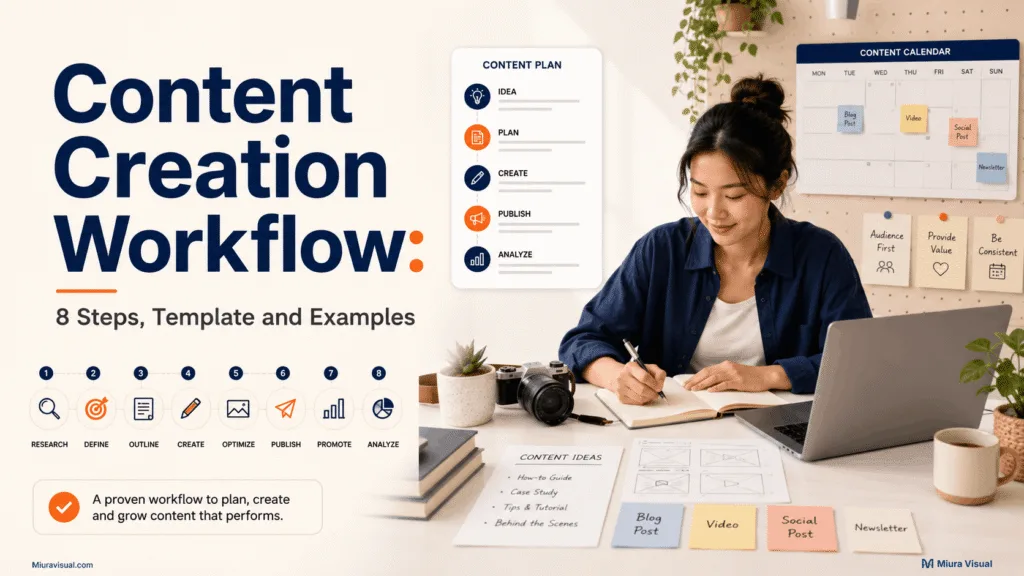 Malaysian Asian creator planning a content creation workflow with a laptop, camera, calendar, and notebook