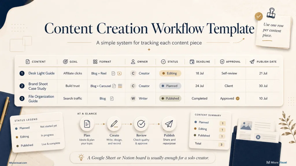 Content creation workflow template tracking content goals, formats, owners, statuses, deadlines, approvals, and publish dates
