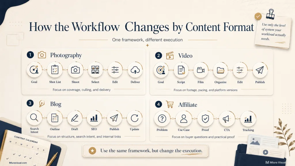 Photography, video, blog, and affiliate content workflows showing how each format moves from planning to publishing