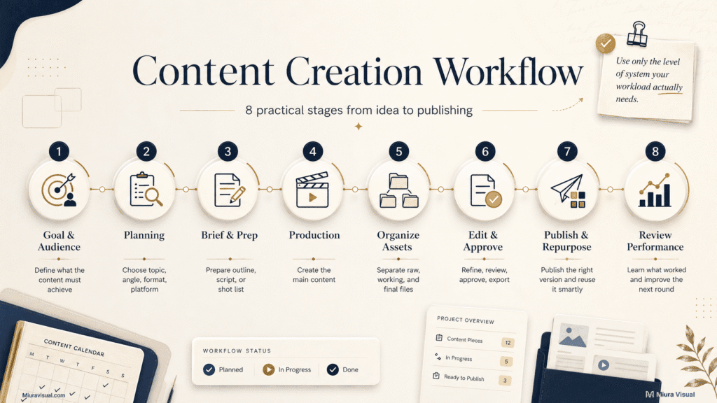 Content Creation Workflow: 8 Steps, Template and Examples 2 Eight-step content creation workflow from defining goals and planning to publishing and performance review