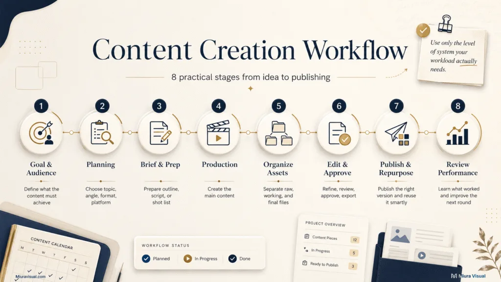 Eight-step content creation workflow from defining goals and planning to publishing and performance review