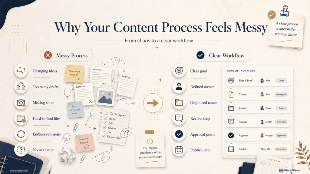 Content Creation Workflow: 8 Steps, Template and Examples 3 Comparison between a messy content process with unfinished drafts and a clear workflow with owners, approval, and deadlines