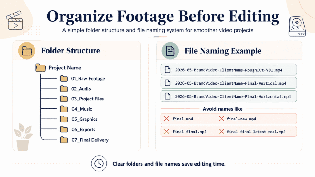 Organize footage before editing infographic showing a simple folder structure and file naming system for smoother video production workflow.