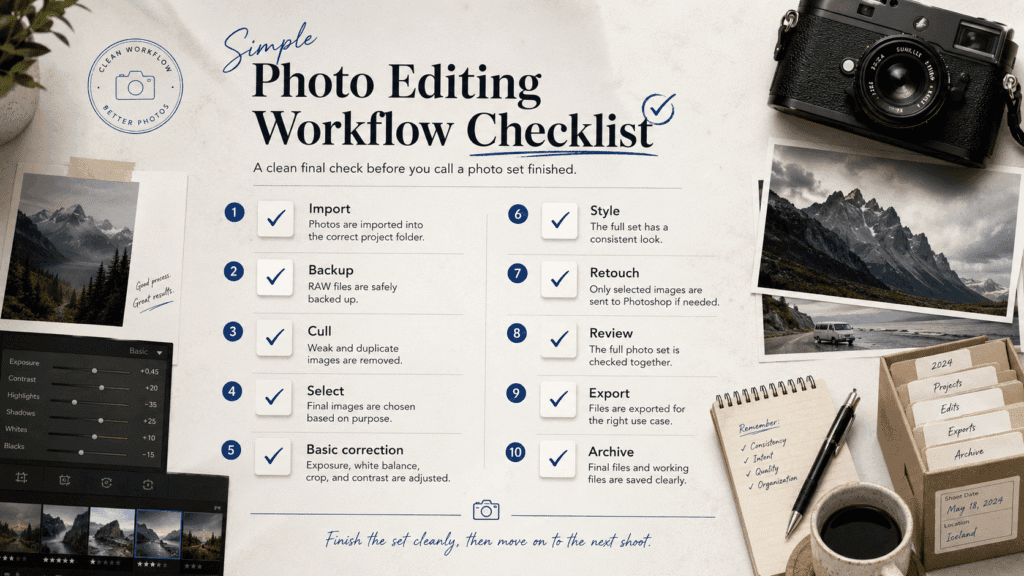 Photo editing workflow checklist with key steps for import, backup, culling, selection, basic correction, style consistency, retouching, review, export, and archive.