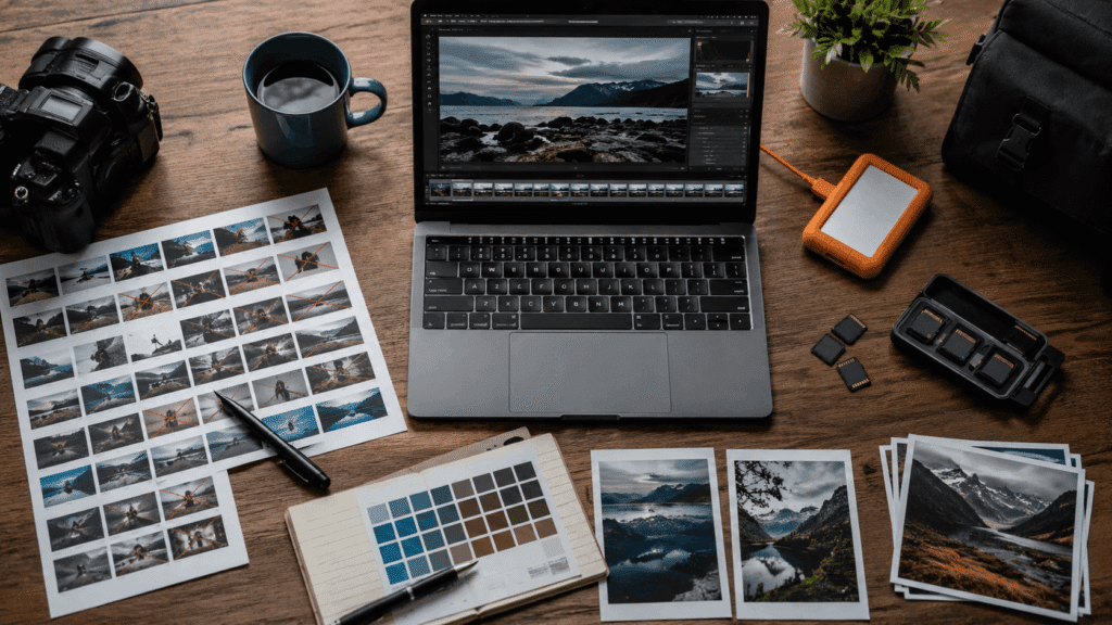 Top-down workspace showing a photo editing workflow with culling sheets, selected prints, a laptop, memory cards, and editing tools.
