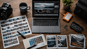 Top-down workspace showing a photo editing workflow with culling sheets, selected prints, a laptop, memory cards, and editing tools.