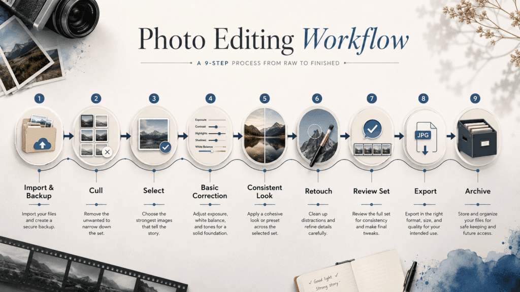 Photo editing workflow flowchart showing the step-by-step process from import and backup to culling, editing, review, export, and archive.