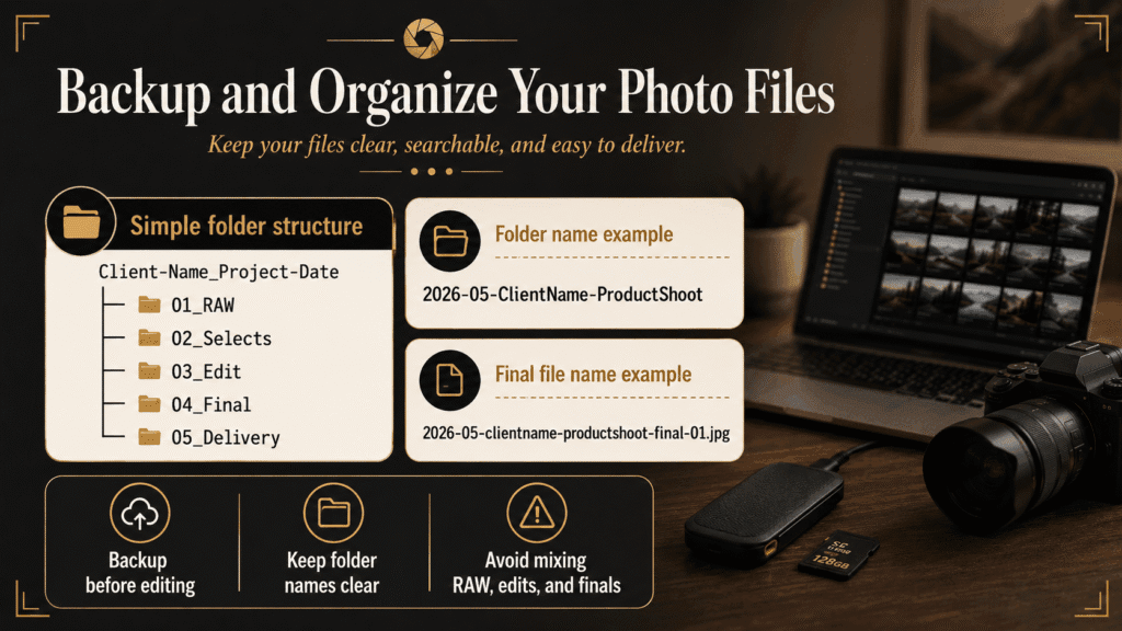 A photo file backup and organization guide showing folder structure, file naming examples, and backup reminders.