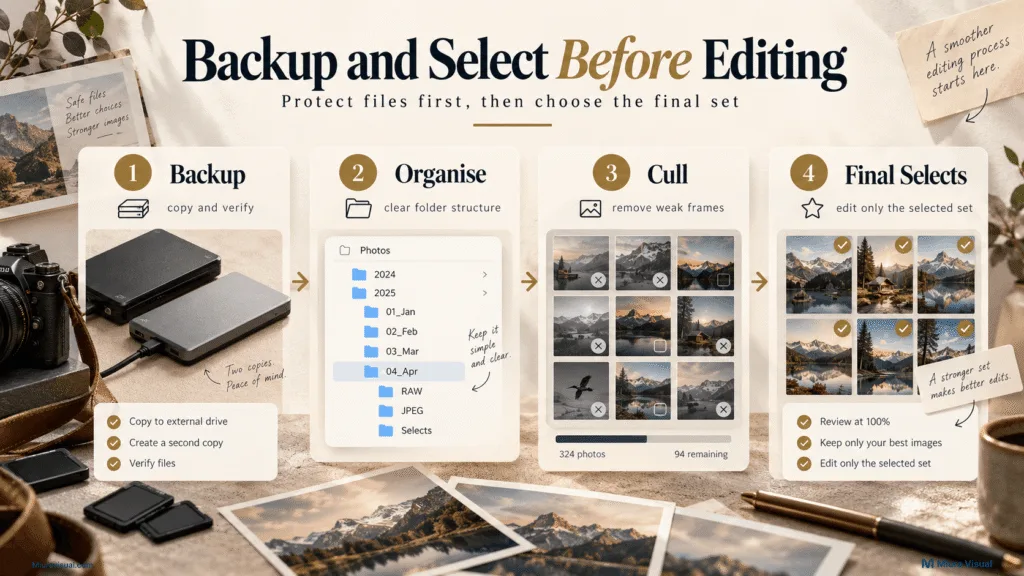 How to Build a Photography Workflow From Shoot to Delivery 5 Photography workflow for backing up files, organising folders, culling photos and choosing final selects