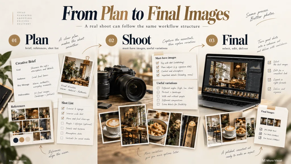 How to Build a Photography Workflow From Shoot to Delivery 4 Photography process showing how a shoot moves from planning and shot lists to shooting, editing and final images