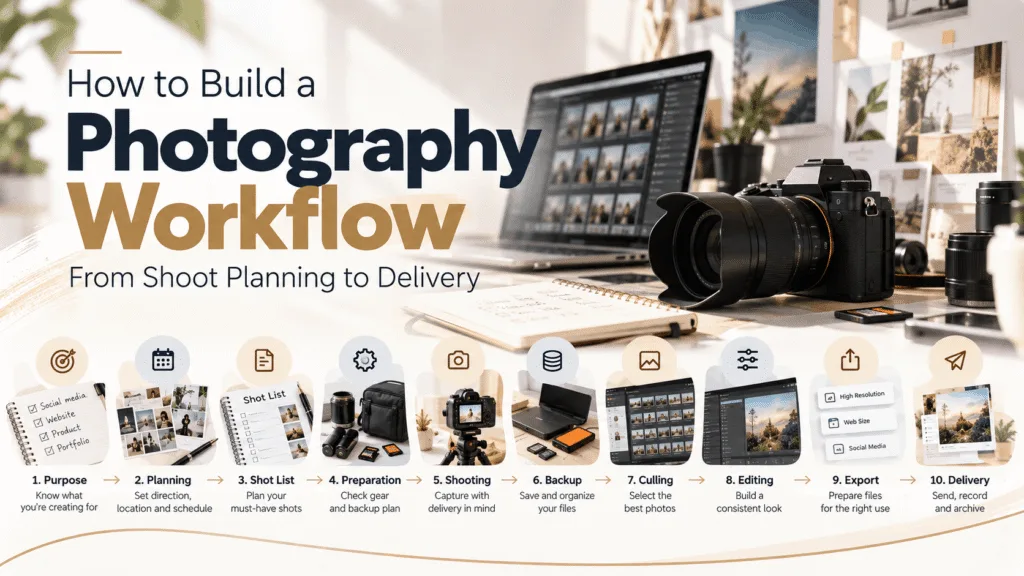 How to Build a Photography Workflow From Shoot to Delivery 2 Photography workflow showing the stages from purpose and planning to shooting, editing and delivery