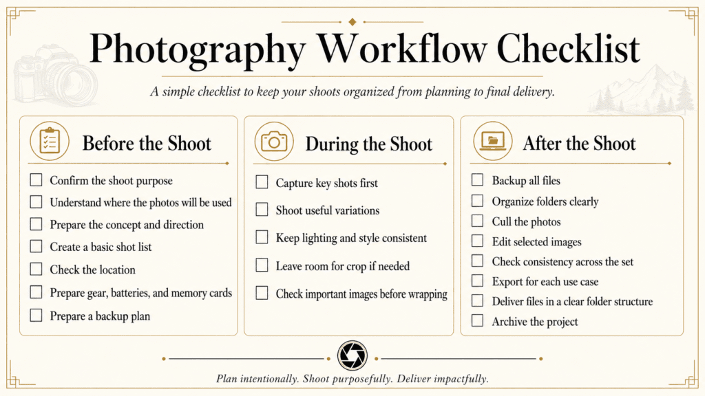Photography Workflow checklist showing before, during, and after the shoot steps for photographers.