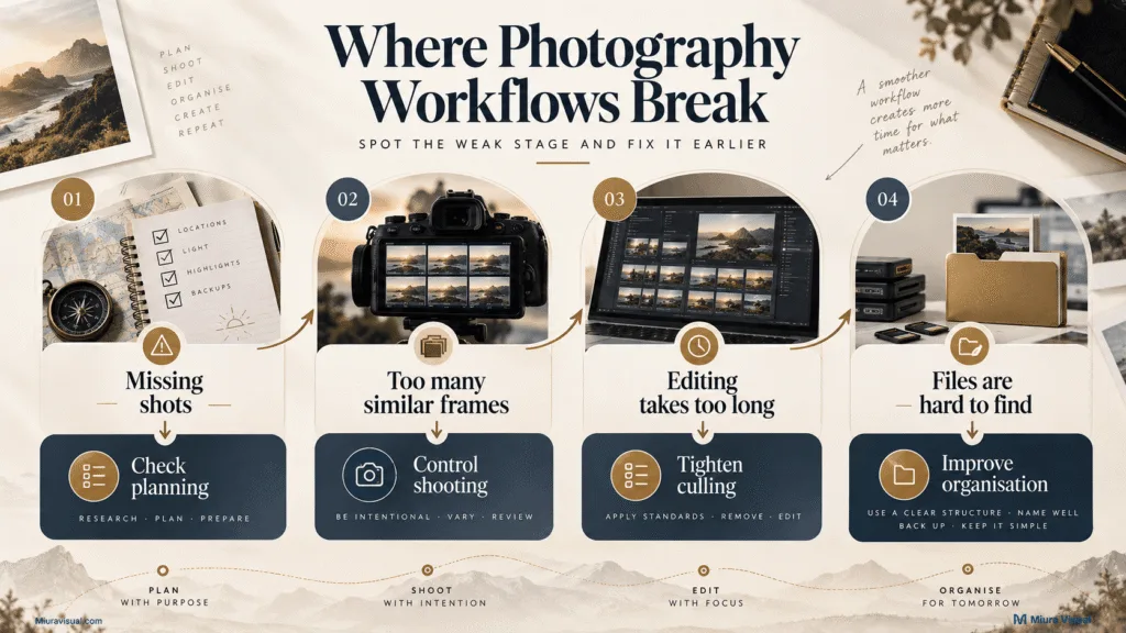 How to Build a Photography Workflow From Shoot to Delivery 6 Common photography workflow problems including missed shots, too many similar photos, slow editing and messy files