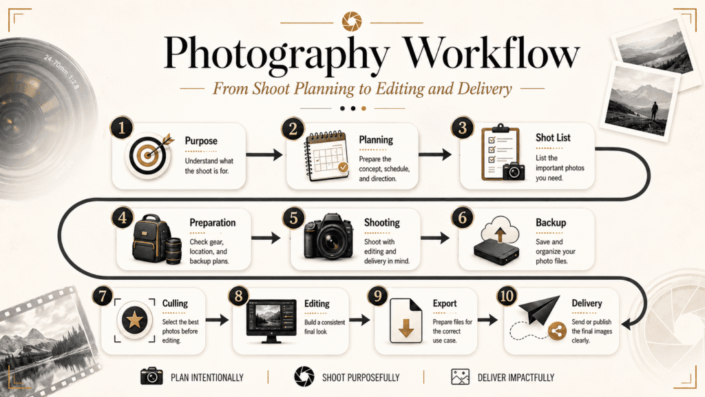 Photography workflow flowchart showing the full process from purpose, planning, shot list, shooting, editing, export, and delivery.