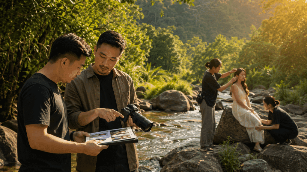 Photography workflow outdoor photoshoot showing two photographers discussing a shot list while a small team prepares a model by a stream.