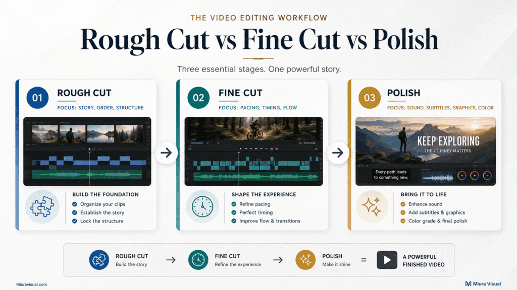 Infographic comparing rough cut, fine cut, and polish stages in a video editing workflow, showing how structure, pacing, sound, subtitles, graphics, and color fit into the editing process.