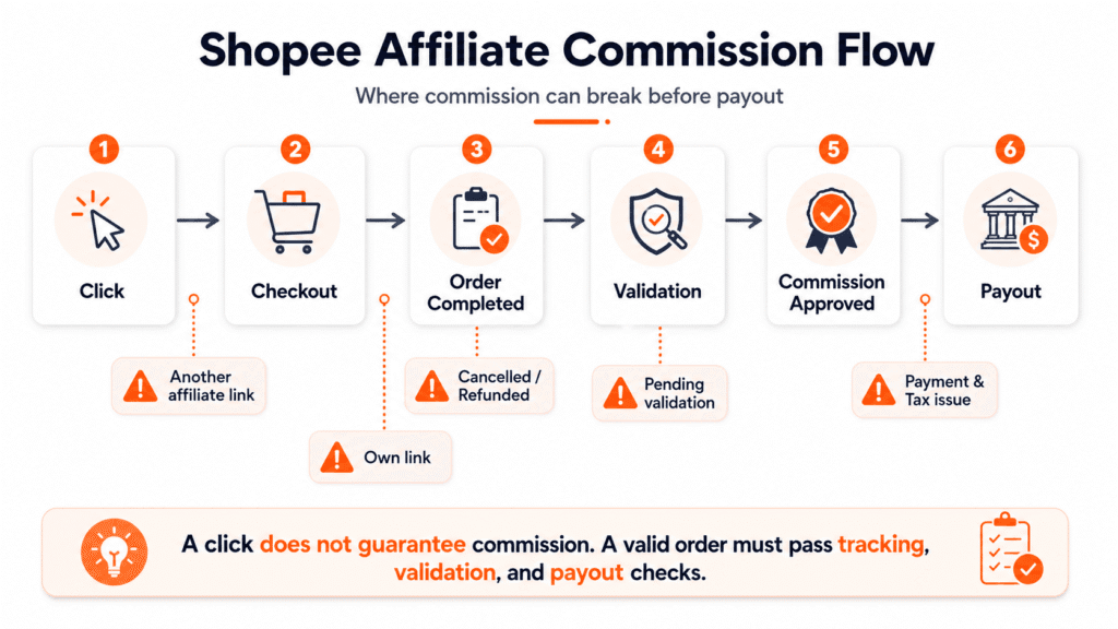 Shopee affiliate no commission flow chart showing click, checkout, order completed, validation, commission approved, and payout with common break points before payment
