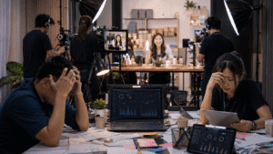 Miura Visual Blog & Insight 1 Shopee affiliate no commission concept showing a young woman doing a Double 11 live stream while her team checks data and troubleshoots commission problems in the background