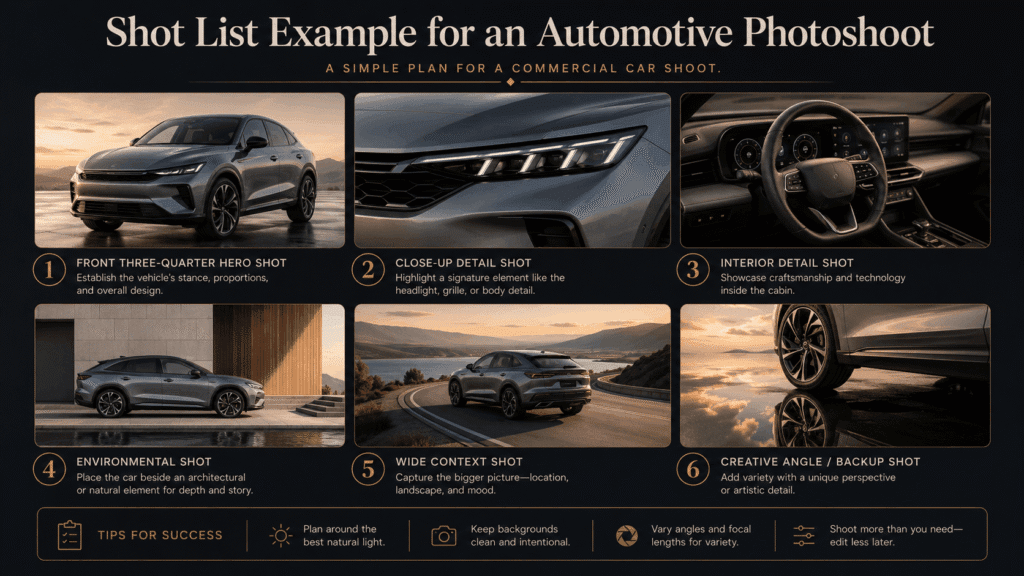 Shot list example for an automotive photoshoot showing car hero shot, exterior detail, interior detail, environmental shot, wide context, and creative backup angle.