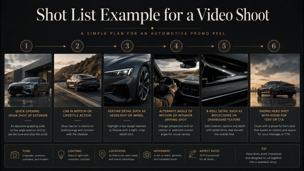 Shot list example for an automotive video shoot showing exterior hook, car in motion, feature detail, driving angle, cinematic B-roll, and ending hero shot.