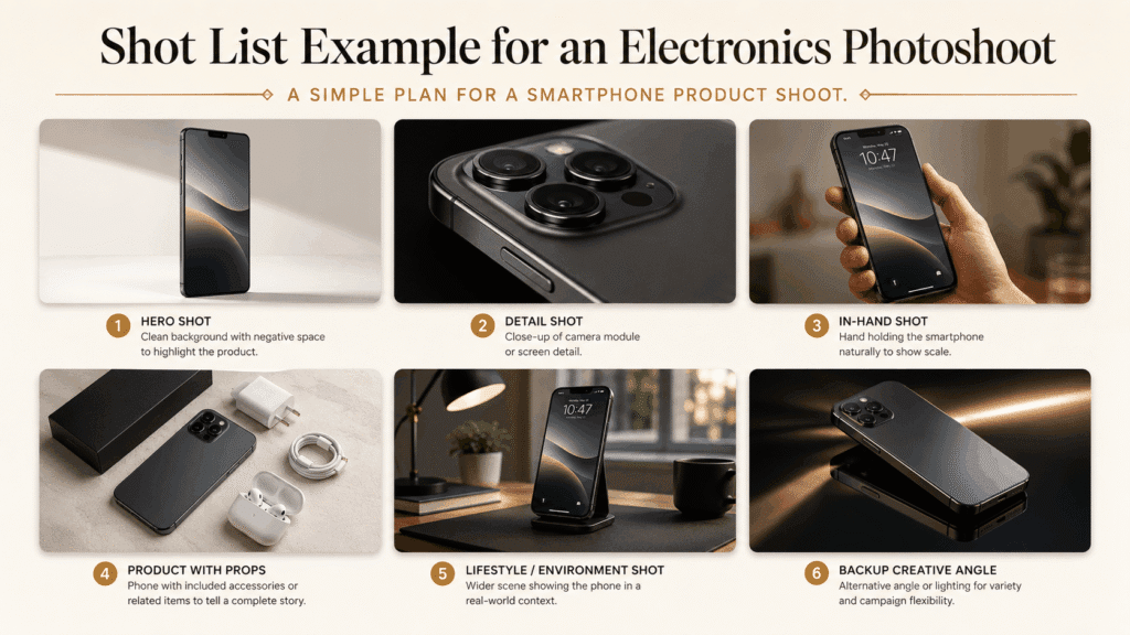 Shot list example for an electronics photoshoot showing smartphone hero shot, camera detail, in-hand use, accessories, lifestyle scene, and creative angle.