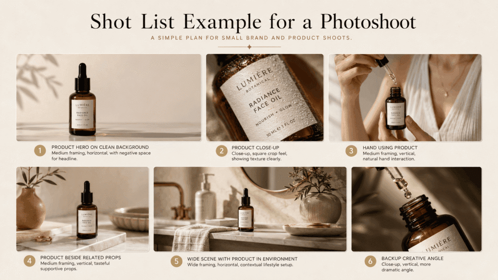 Shot list example for a product photoshoot showing hero image, close-up, hand interaction, lifestyle setup, wide scene, and creative backup angle.