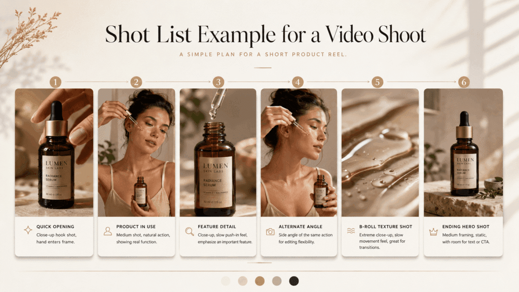 Shot list example for a product video shoot showing opening hook, product use, feature detail, alternate angle, B-roll texture, and ending hero shot.