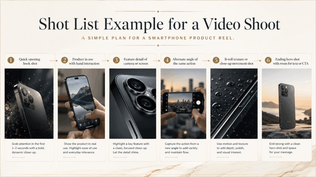 Shot list example for a smartphone video shoot with hook shot, product interaction, feature close-up, alternate angle, B-roll detail, and final hero frame.