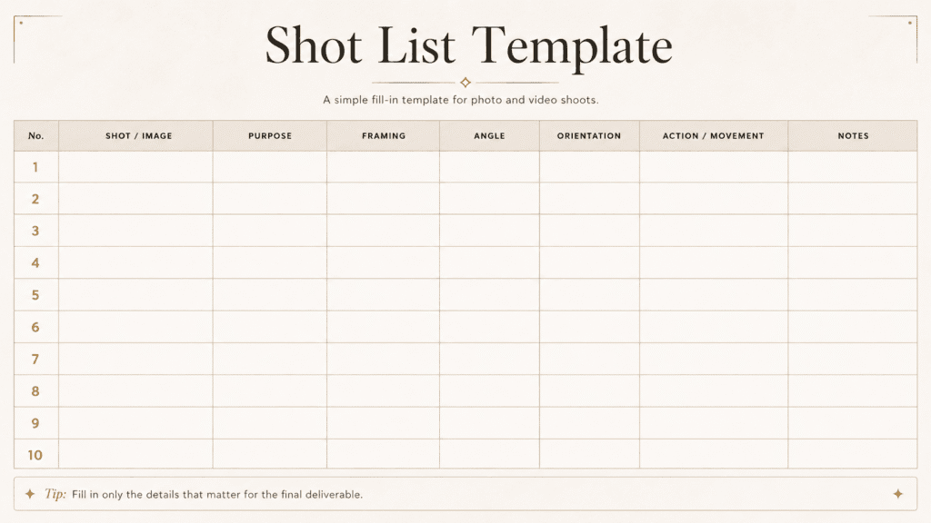 Blank shot list template for photo and video shoots with fields for shot, purpose, framing, angle, orientation, movement, and notes.