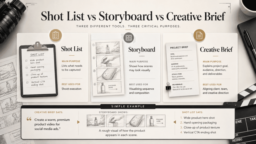 Shot list comparison visual showing the difference between a shot list, storyboard, and creative brief for photo and video planning.
