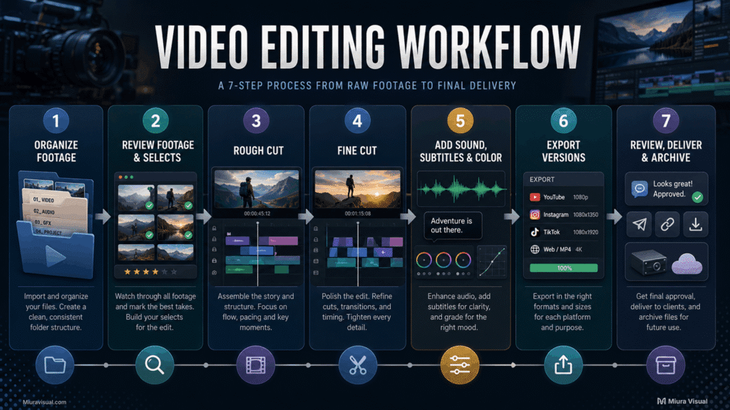 Video editing workflow infographic showing a 7-step process from organizing footage to reviewing, delivering, and archiving the final video.