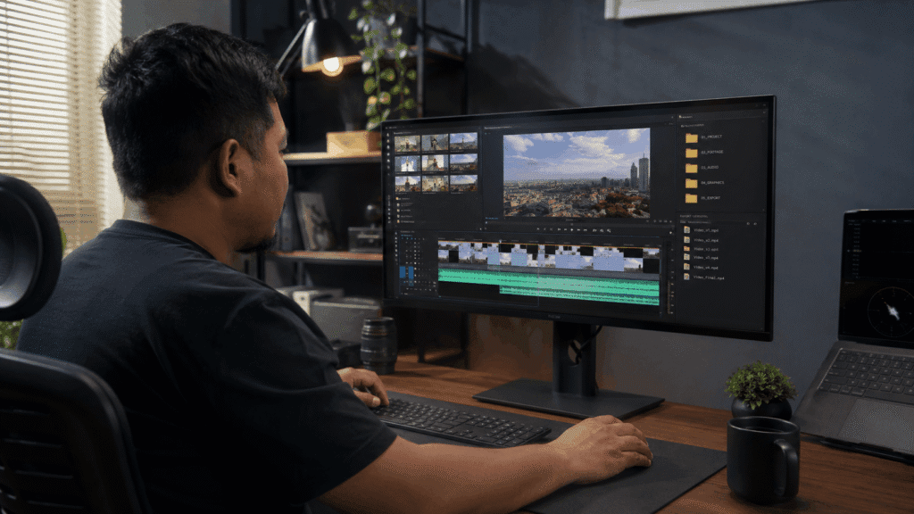 A local video editor working on a desktop editing setup, showing a clear video editing workflow with organized footage, timeline editing, and export versions on screen.