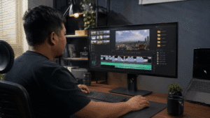 A local video editor working on a desktop editing setup, showing a clear video editing workflow with organized footage, timeline editing, and export versions on screen.