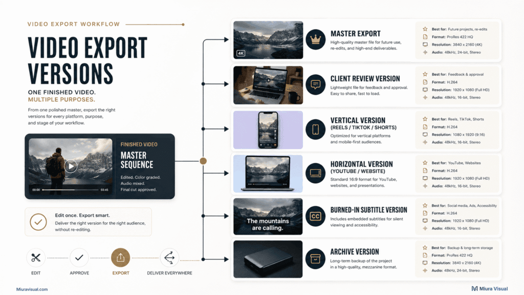 Video export versions workflow infographic showing how one finished video can be exported as master, client review, vertical, horizontal, subtitle, and archive versions.