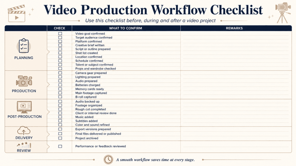 Video production workflow checklist showing planning, production, post-production, delivery, and review steps for managing a smoother video project.