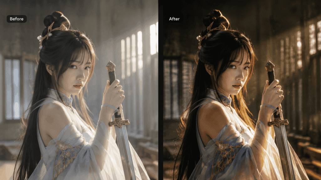 Cosplay Photography Portfolio 5 Before and after photo editing comparison showing retouching, color grading, lighting, and detail enhancement