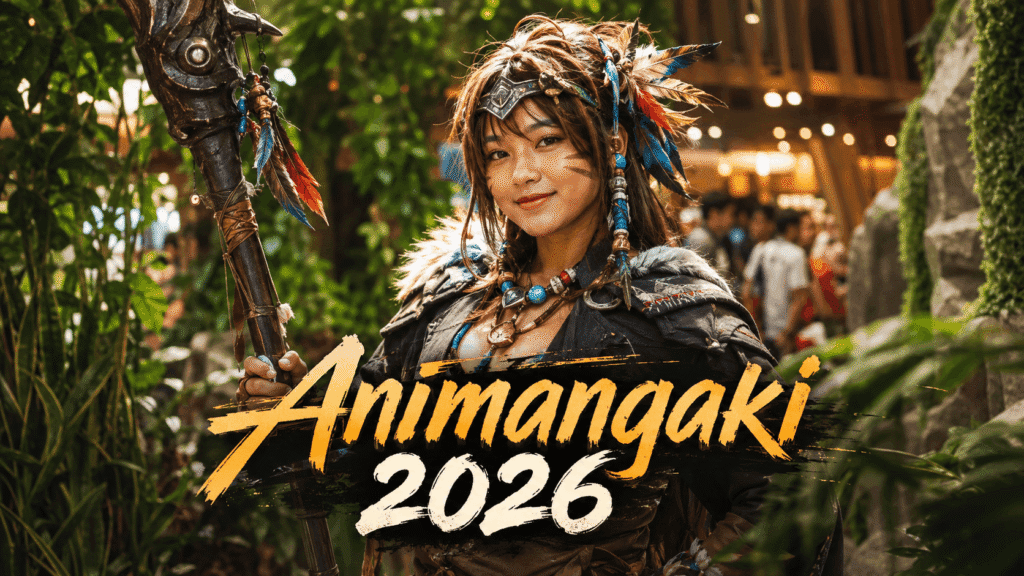 Animangaki 2026 event banner with a local-style cosplayer in an adventure-themed convention setting