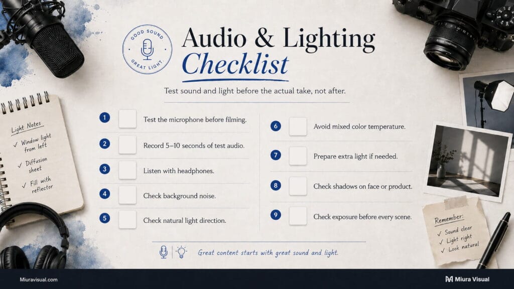 Audio and lighting checklist for testing microphone, recording test audio, checking noise, natural light, shadows, exposure, and color temperature.