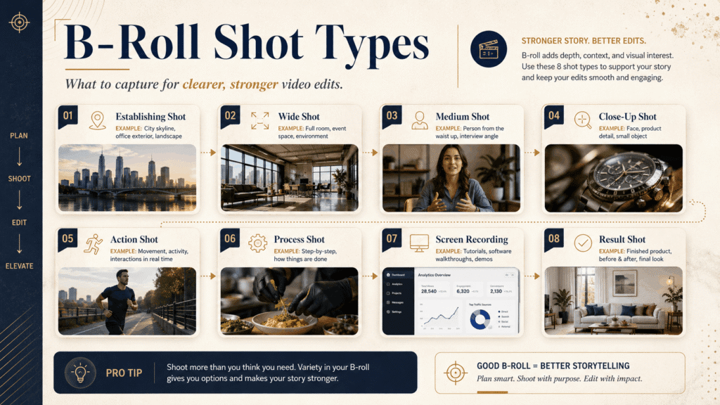 How to Shoot B-Roll for Videos: Free Shot List & Examples 2 Premium infographic showing B-roll shot types including establishing, wide, medium, close-up, action, process, screen recording, and result shots.